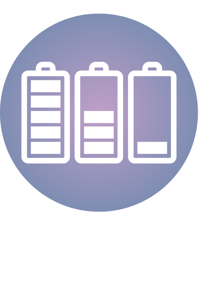 Logo for Compassion Fatigue Training Course. It is a circle with a gradient of blue on the outside that fades into a light purple in the middle. In front are three white icons of a battery starting with a full one on the left, half full in the middle, and empty on the right.