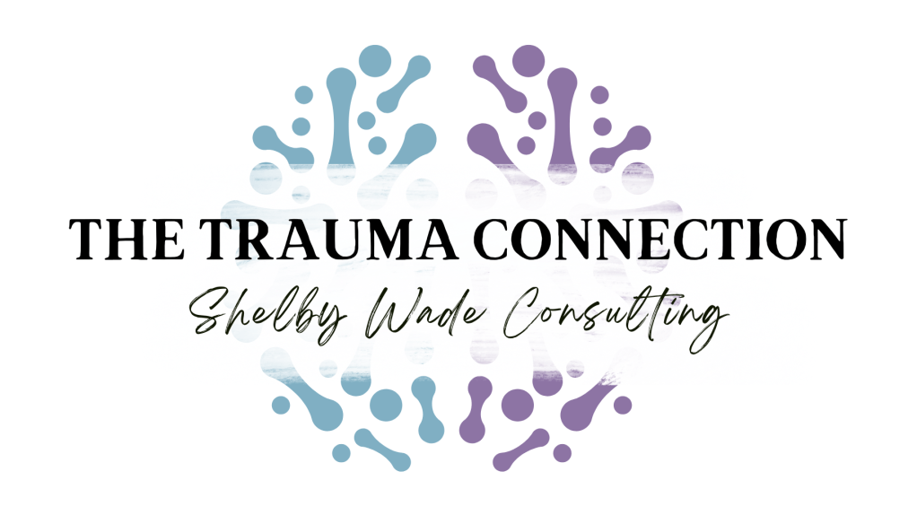 Text reads The Trauma Connection: Shelby Wade Consulting. Logo of abstract brain is behind text with left side in blue and right side in purple.