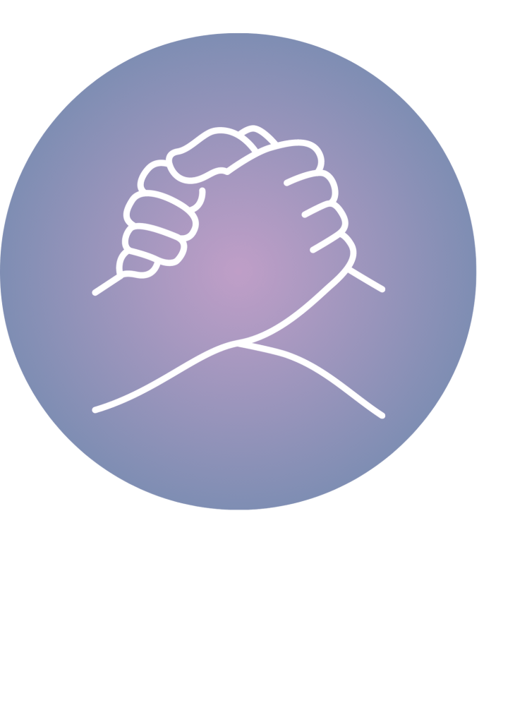 Logo for Consultation Services. It is a circle with a gradient of blue on the outside that fades into a light purple in the middle. In front is a white icon of hands joining together.